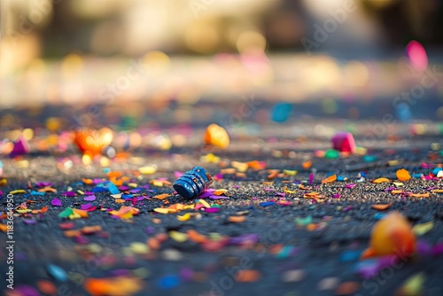 Colorful confetti scattered on pavement, creating festive and jo photo