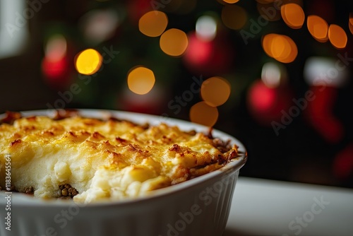 Golden, cheesy dish in focus against festive, blurred holiday li photo