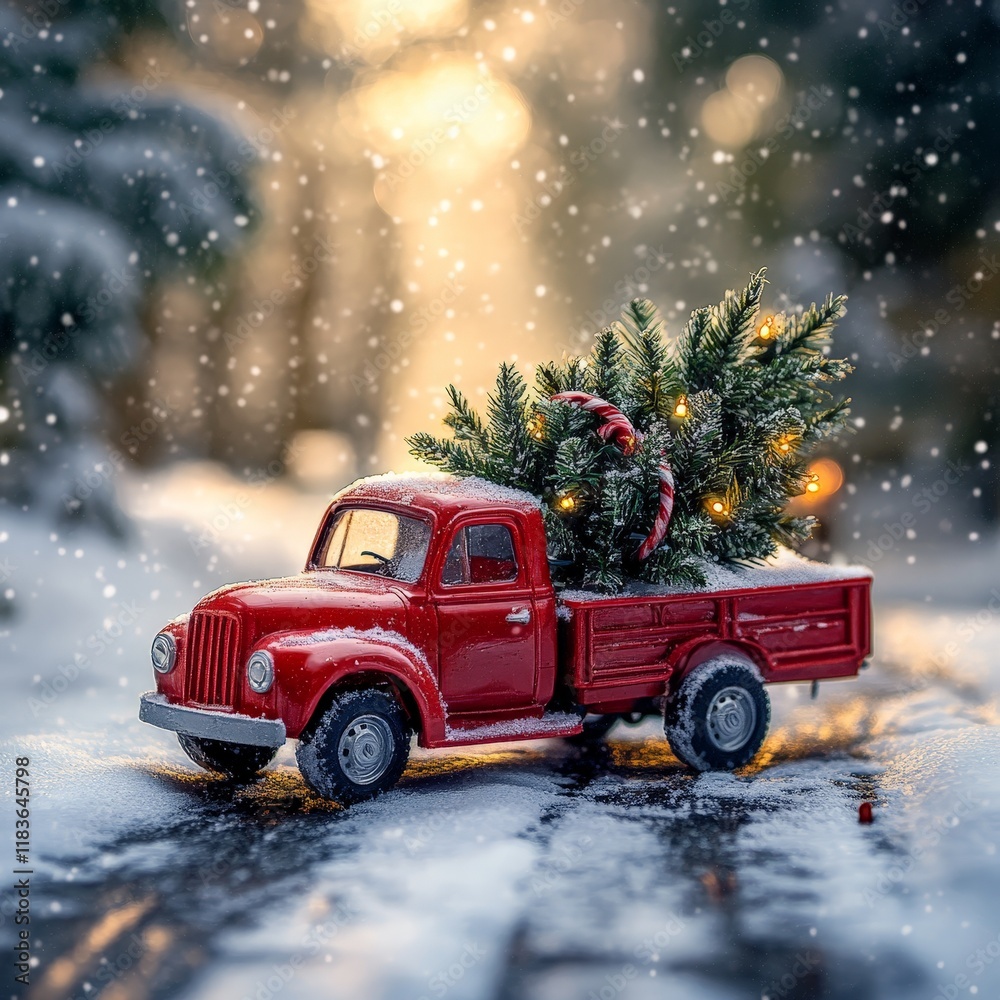 Obraz premium A red toy truck carrying a Christmas tree in a snowy scene with warm festive lights, perfect for Christmas cards and holiday decoration inspiration.