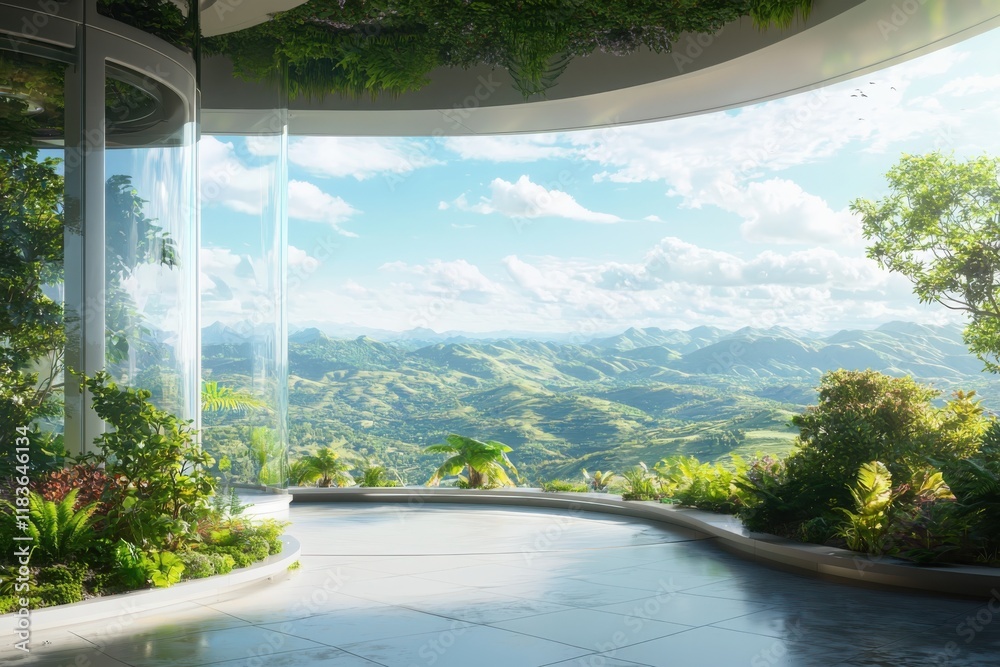 Fototapeta premium Sustainable agriculture lifestyle showcasing innovative practices in an eco-friendly environment with scenic mountain views