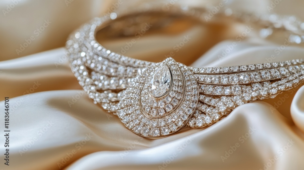 A statement diamond necklace resting on a champagne-colored satin background for a glamorous touch A statement diamond necklace resting on a champagne-colored satin background for a glamorous touch
