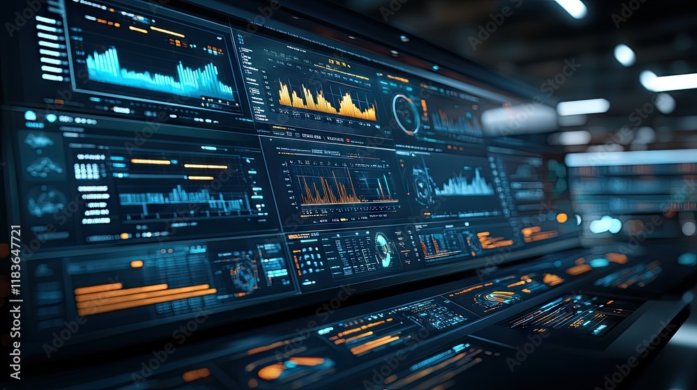 Obraz premium Futuristic Data Visualization Dashboard on a Large Computer Screen