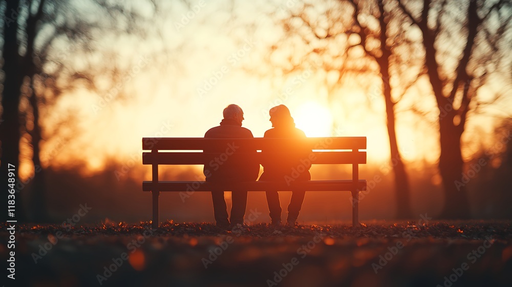 A romantic silhouette of a couple sitting on a bench during sunset, surrounded by trees, capturing a moment of intimacy and tranquility. A romantic silhouette of a couple sitting on a bench during sunset, surrounded by trees, capturing a moment of intimacy and tranquility.