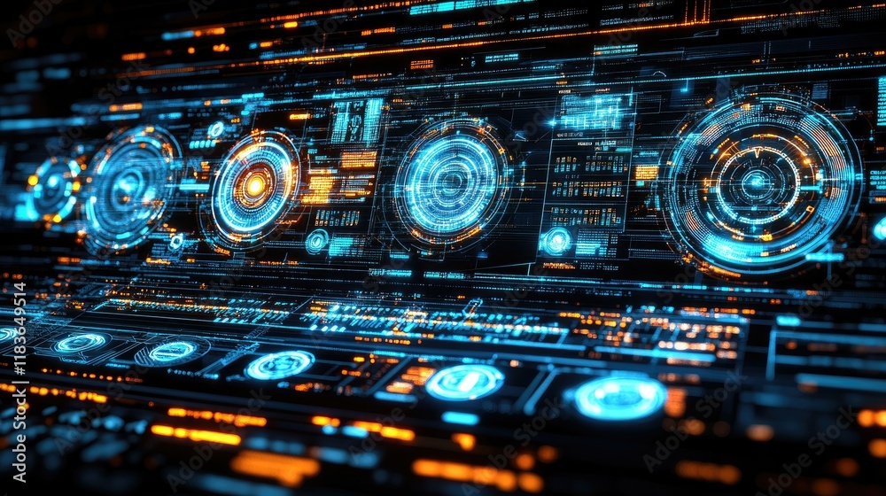 Naklejka premium Futuristic Digital Interface with Glowing Blue and Orange Elements