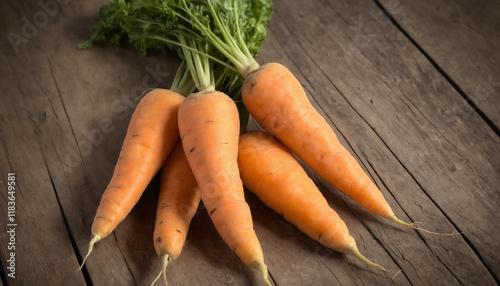  Freshly picked carrots laid on a rustic wooden table, emphasizing organic produce, healthy eating, and the simplicity of farm-to-table dining.  photo