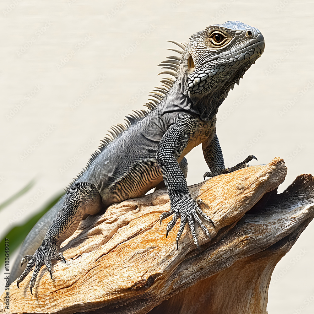black spiny tailed iguana perched on wooden log, showcasing its unique scales and posture. This reptile exhibits striking appearance with its spiny back and vibrant skin