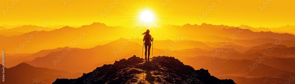 Silhouette of a Hiker Standing on a Mountain Peak Against a Golden Sunset with Dramatic Clouds in a Stunning Outdoor Landscape