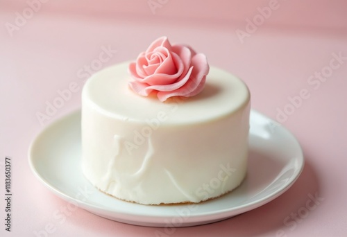 A delicate white cake rests on a small white plate, perfect for celebrating love on Valentine's Day with elegance and sweetnessy photo