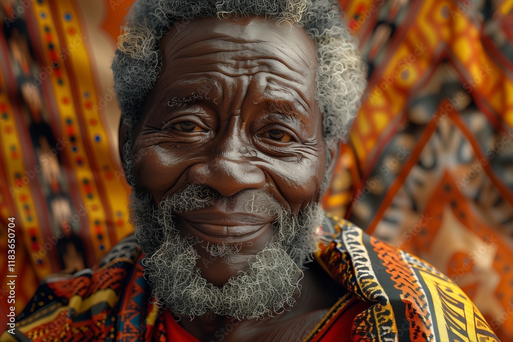 A joyful elder man with a warm smile, showcasing traditional attire and cultural heritage against a vibrant backdrop. A joyful elder man with a warm smile, showcasing traditional attire and cultural heritage against a vibrant backdrop.