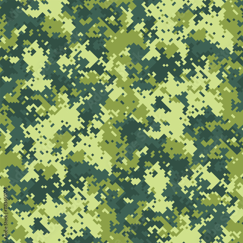 Abstract pixelated camouflage pattern in shades of green and olive. Perfect for backgrounds, textiles, military or outdoor themed designs.  Versatile, modern, and stylish digital camo texture.