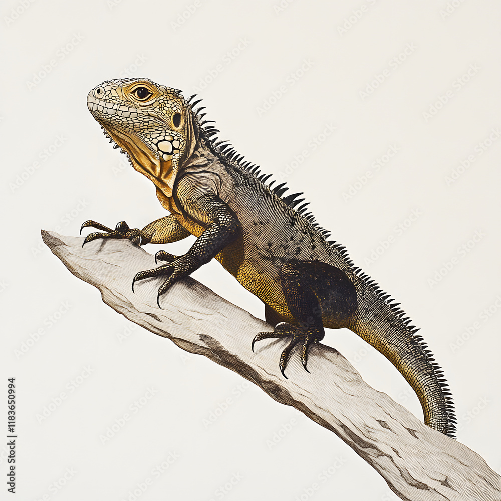 Obraz premium detailed illustration of black spiny tailed iguana perched on rock, showcasing its distinctive features and vibrant colors. This reptile is known for its unique appearance and habitat