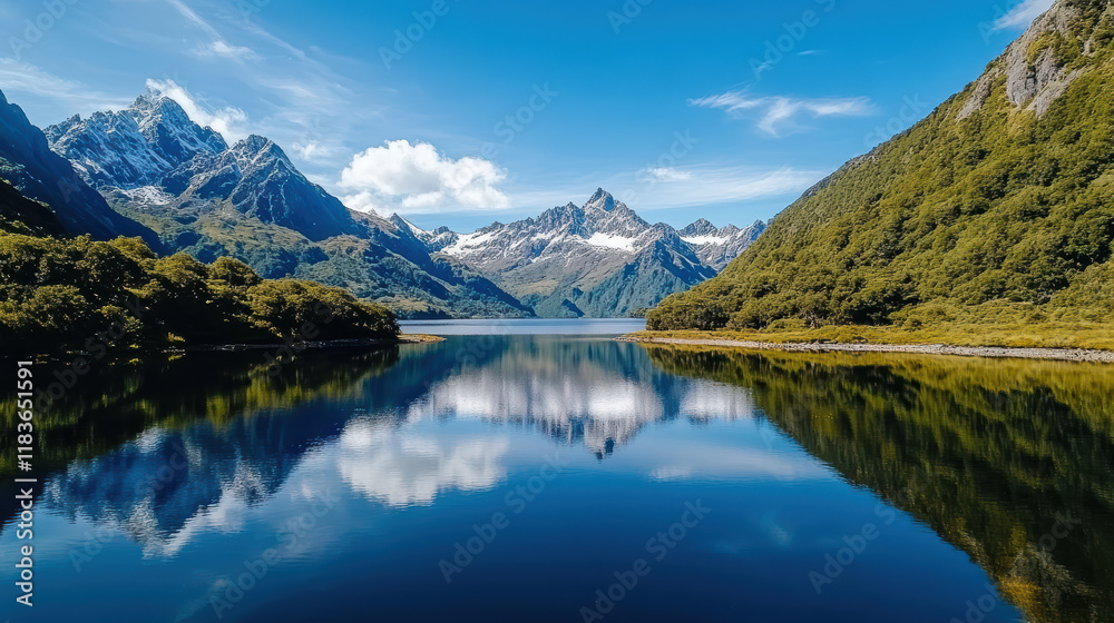 Majestic mountain range reflecting in calm lake under blue sky Majestic mountain range reflecting in calm lake under blue sky