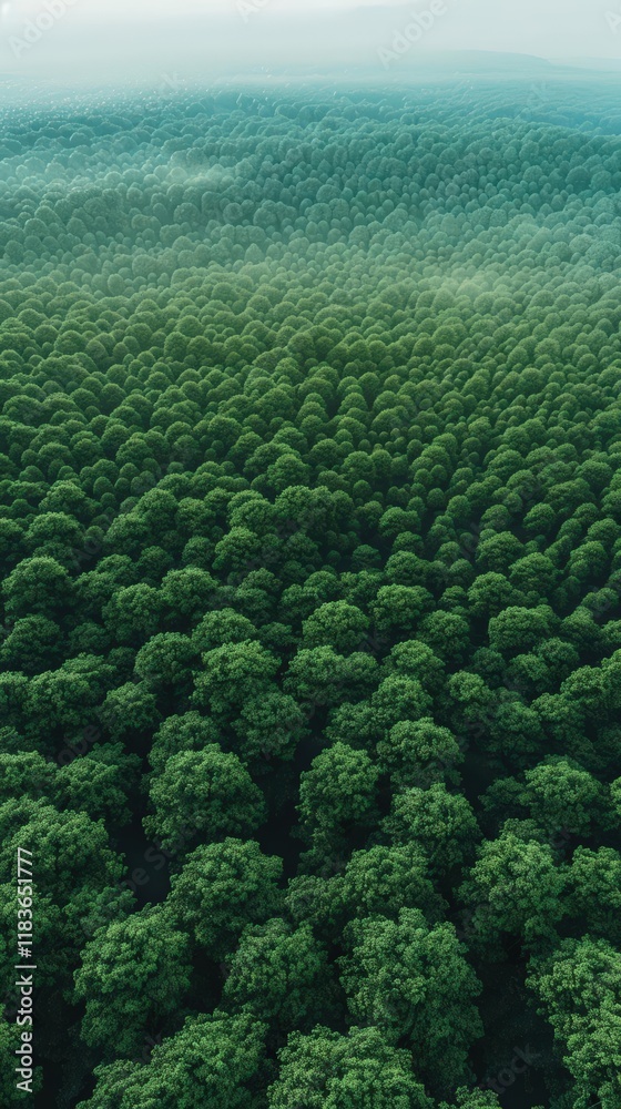Obraz premium Capture the vast expanse of a green forest with minimalistic designs symbolizing environmental conservation using high-resolution drone photography Include clean lines