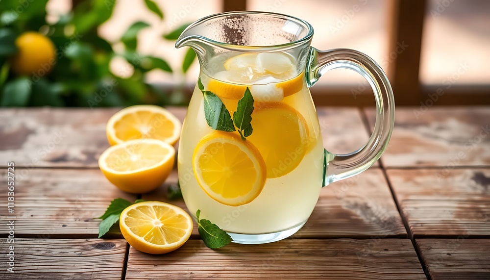 Refreshing Lemonade Pitcher Icy Citrus Slices Wooden Table Background Refreshing Lemonade Pitcher Icy Citrus Slices Wooden Table Background