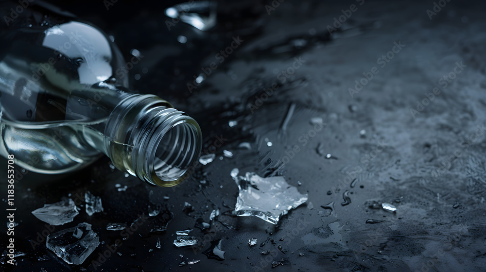 Close-up of a shattered glass bottle with spilled liquid, symbolizing the dangers of alcohol, on a dark background with copy space. Alcohol abuse, addiction, and health risks concept. Close-up of a shattered glass bottle with spilled liquid, symbolizing the dangers of alcohol, on a dark background with copy space. Alcohol abuse, addiction, and health risks concept.