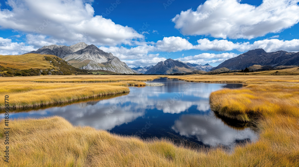 serene landscape featuring calm lake reflecting mountains and clouds