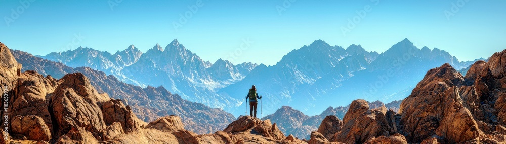 Breathtaking Landscape View of Majestic Mountain Range with Adventurer Standing on Rocky Outcrop under Clear Blue Sky Breathtaking Landscape View of Majestic Mountain Range with Adventurer Standing on Rocky Outcrop under Clear Blue Sky