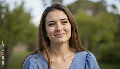 Portrait of a Caucasian woman with long brown hair, wearing a blue blouse, smiling softly against a blurred natural background create with ai