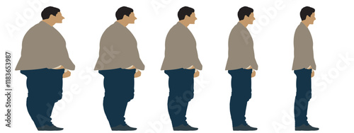 Conceptual fat overweight obese man vs slim fit healthy body after weight loss or diet, white background banner. A  fitness, nutrition or obesity, health care shape illustration vector as silhouettes