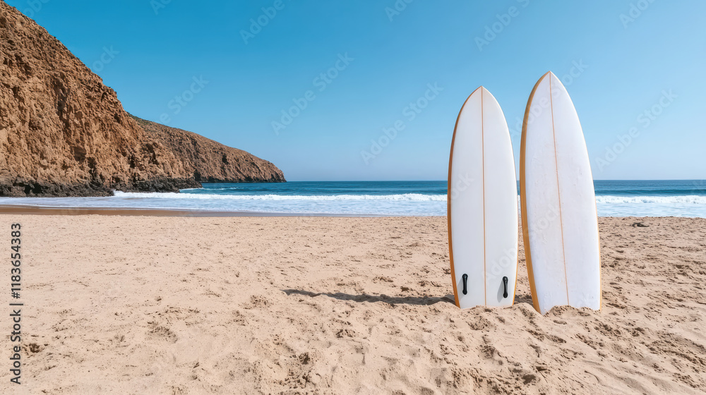 Surfboards on sandy beach with ocean waves and cliffs in background Surfboards on sandy beach with ocean waves and cliffs in background