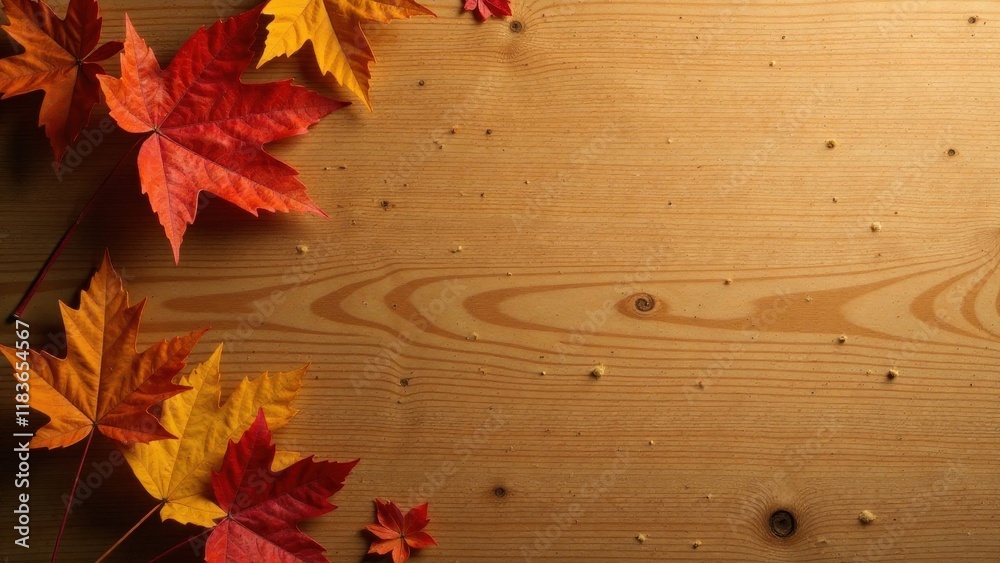 Obraz premium Autumnal Leaves Arranged on a Light Wood Surface with Ample Copy Space