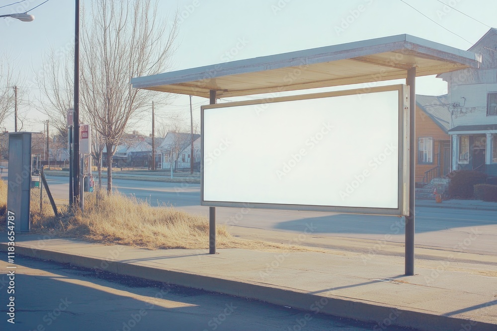 Naklejka premium Empty bus stop with blank advertising board, surrounded by quiet