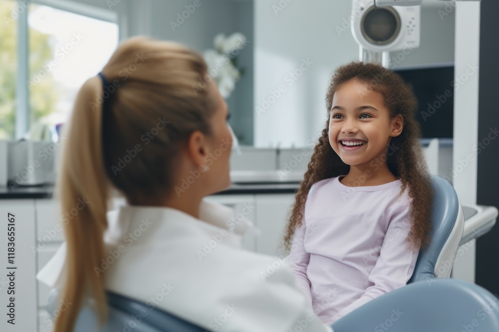 Smiling girl sitting in dentist chair talking to female dentist in bright modern dental clinic Smiling girl sitting in dentist chair talking to female dentist in bright modern dental clinic