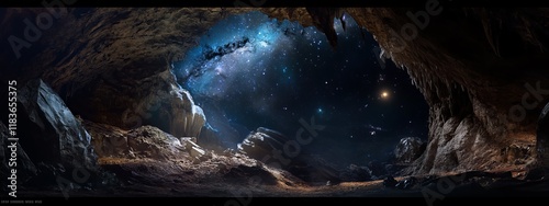 A dramatic view of an uncharted cavern with rare mineral formations and a spectacular meteor storm creating dynamic lighting effects within the cavern, Cavern scene, Dynamic style photo