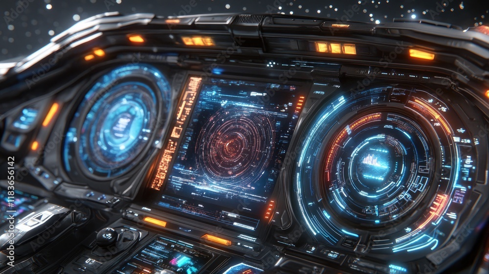 Fototapeta premium Futuristic Spaceship Cockpit with Glowing Interface