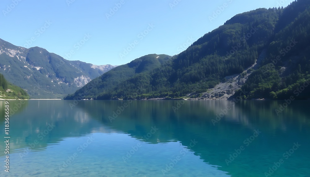 Serene Mountain Lake Clear Blue Water Green Hills Reflection Serene Mountain Lake Clear Blue Water Green Hills Reflection