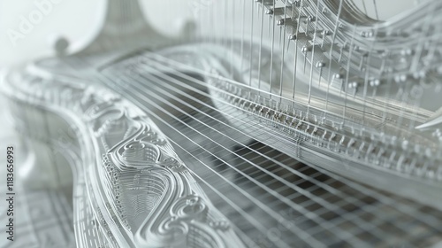 closeupA hauntingly beautiful wireframe mesh depiction of a musical graveyard, showcasing forgotten instruments and the evolution of music  ,Music