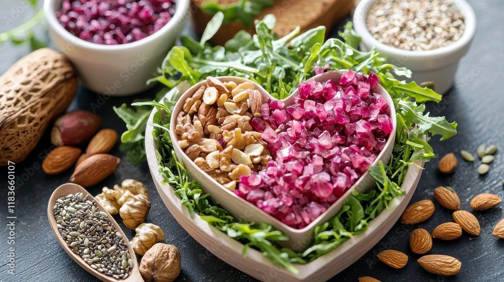Fresh Salad Ingredients in Heart-Shaped Bowl with Nuts and Seeds on Dark Background for Healthy Eating Concept and Culinary Arts Fresh Salad Ingredients in Heart-Shaped Bowl with Nuts and Seeds on Dark Background for Healthy Eating Concept and Culinary Arts