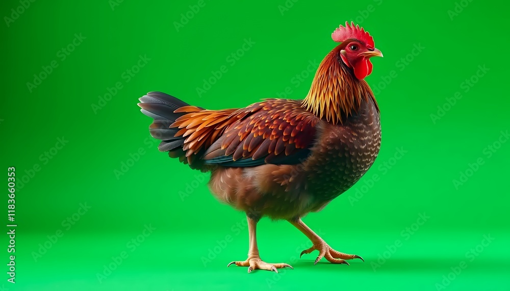 Fototapeta premium Brown hen with red comb walking on green screen background