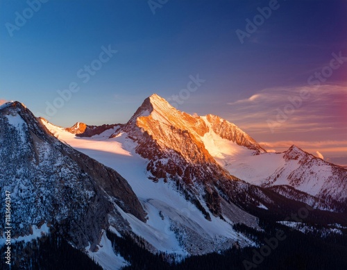 Lever de soleil en Hiver : rayons et lumières sur les Cimes Enneigées photo