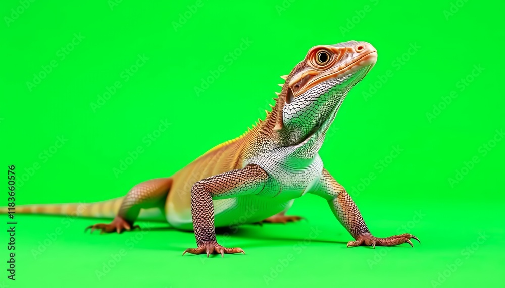 Fototapeta premium Close-up of a Bearded Dragon Lizard on a Green Screen Background