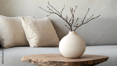 Close up of beige ceramic vase with twigs on rustic live edge accent coffee table against grey sofa with fabric pillows, scandinavian home interior design of modern living room