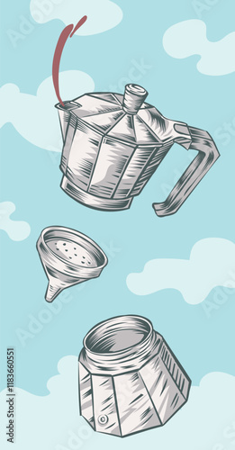 vertical Italian Moka cartoon disassembled into elements, traditional espresso hand drawn on a sky background. Vector illustration