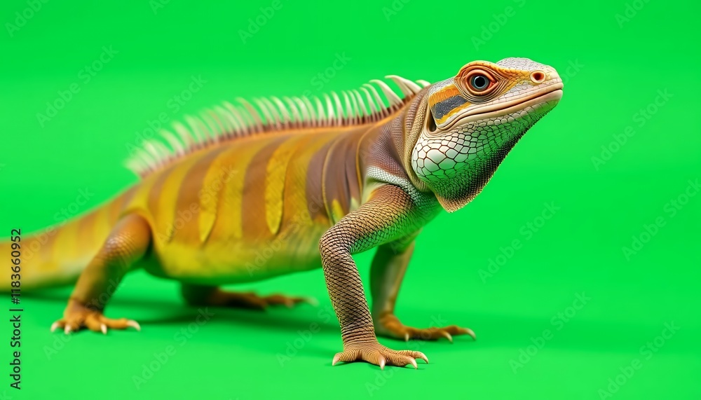 Fototapeta premium Close-up of a vibrant iguana against a green backdrop