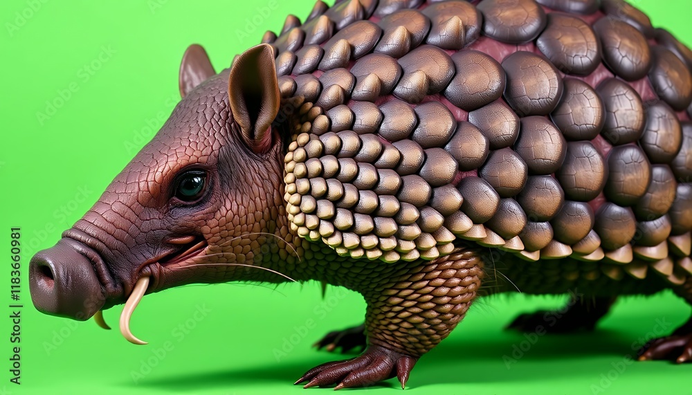 Close-up of an Armadillo with Detailed Scales and Texture Against a Green Background Close-up of an Armadillo with Detailed Scales and Texture Against a Green Background