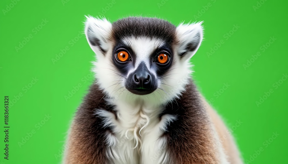 Obraz premium Close-up Portrait of a Ring-Tailed Lemur against a Green Background