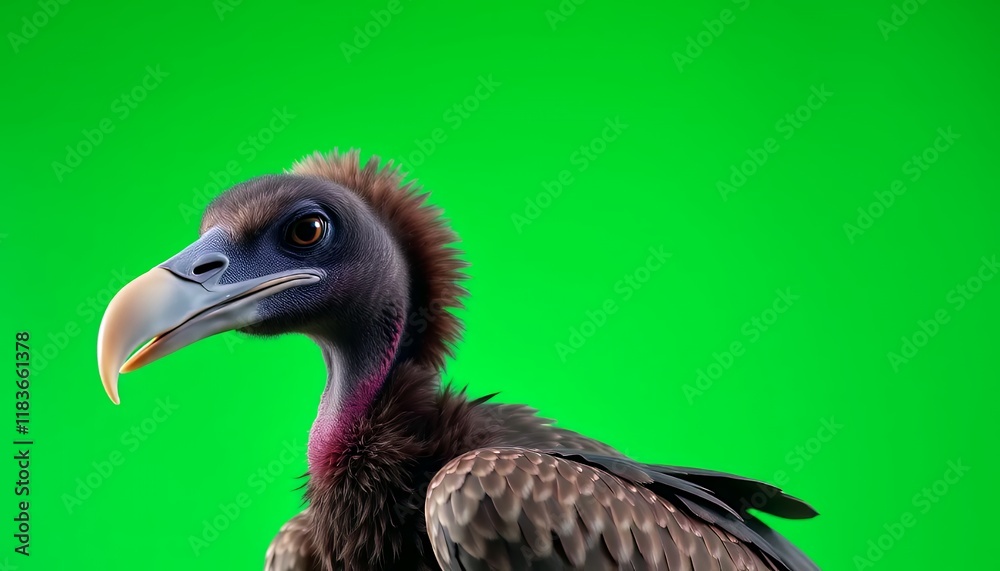 Close-up portrait of a vulture against a green screen background Close-up portrait of a vulture against a green screen background