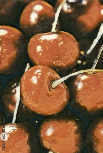 A colored pencil illustration featuring delicious cherries.