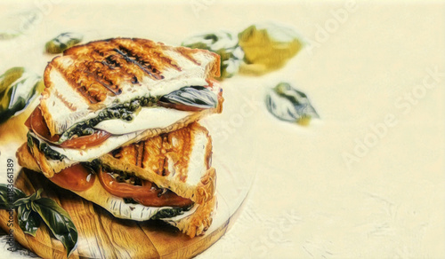 A colored pencil illustration featuring a top view of a delicious sandwish with fresh vegetable and tomato.