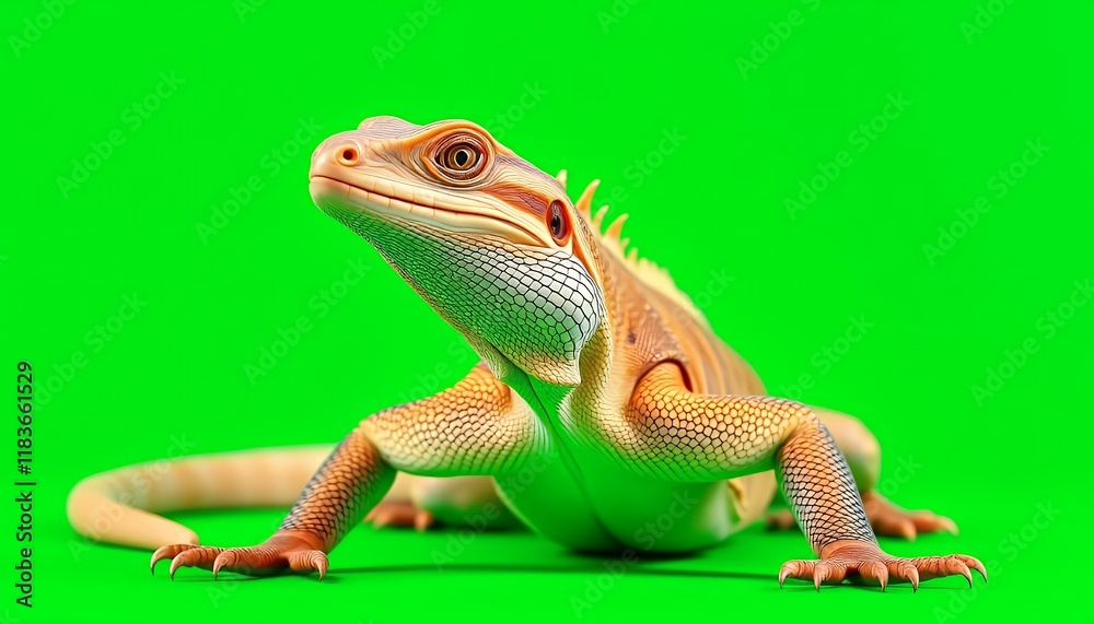 Fototapeta premium Close-up Portrait of an Orange and Brown Lizard on a Green Background