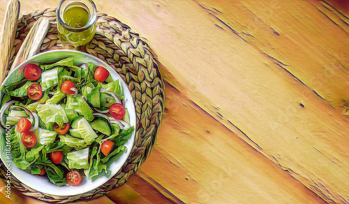 A colored pencil illustration featuring a top view of a delicious salad.