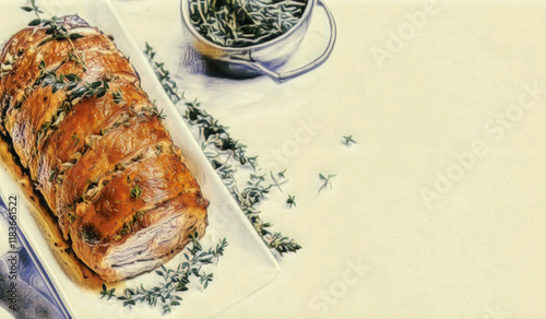 A colored pencil illustration featuring a top view of  a delicious baked meat roll.
