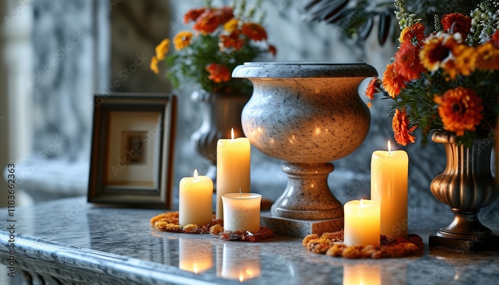 Elegant granite urn with candle arrangement and flowers Elegant granite urn with candle arrangement and flowers