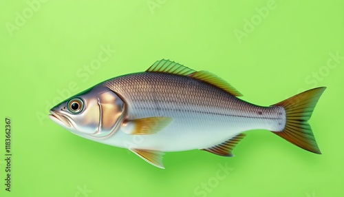 Closeup of a single fish isolated on a green background photo