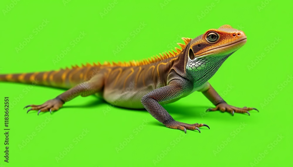 Closeup of a vibrant orange and brown lizard on a green background Closeup of a vibrant orange and brown lizard on a green background