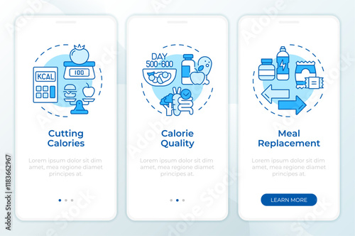 Calories management blue onboarding mobile app screen. Walkthrough 3 steps editable graphic instructions with linear concepts. UI, UX, GUI template. Montserrat SemiBold, Regular fonts used